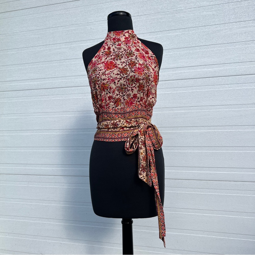 NWT Nicole Miller High Halter-Neck Floral Print Cropped Sleeveless Blouse, XS
